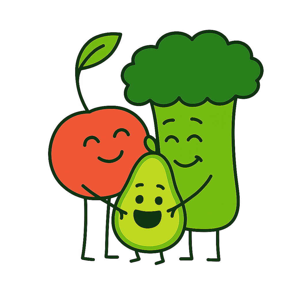 Cherry and Broccoli hugging Avocado with big smiles — a sweet fruit-and-veggie family moment from A Fruity Life.